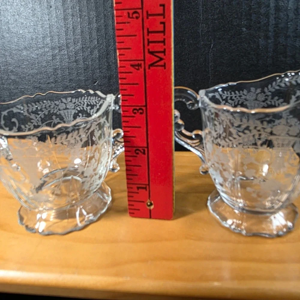 Crystal Glass Creamer and Sugar Bowl Set Etched Filigree Floral Holiday Wedding